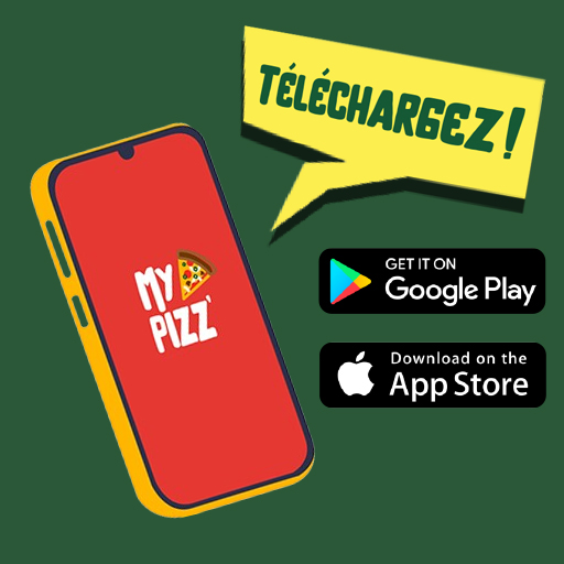 Visuel de l'application My Pizz avec un smartphone et les logos Google Play et App Store pour téléchargement.