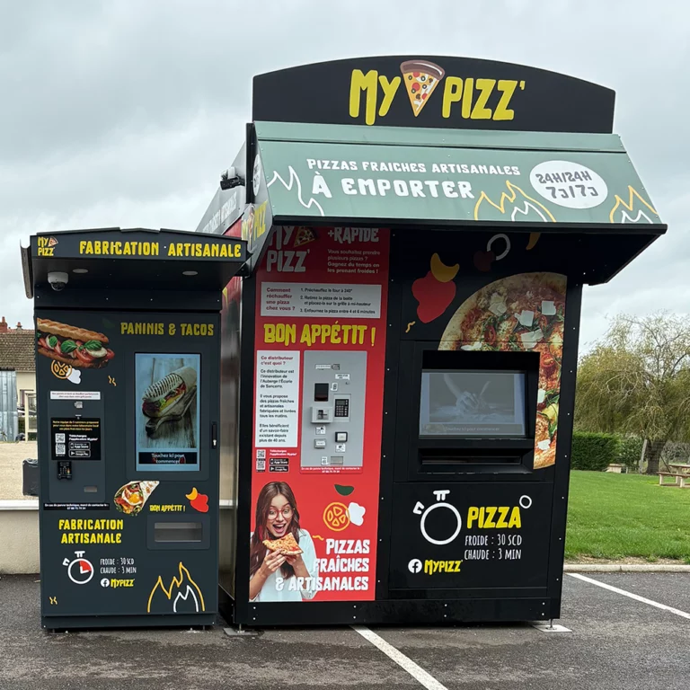 Distributeur automatique My Pizz' à Sury-près-Léré pour pizzas et paninis frais.